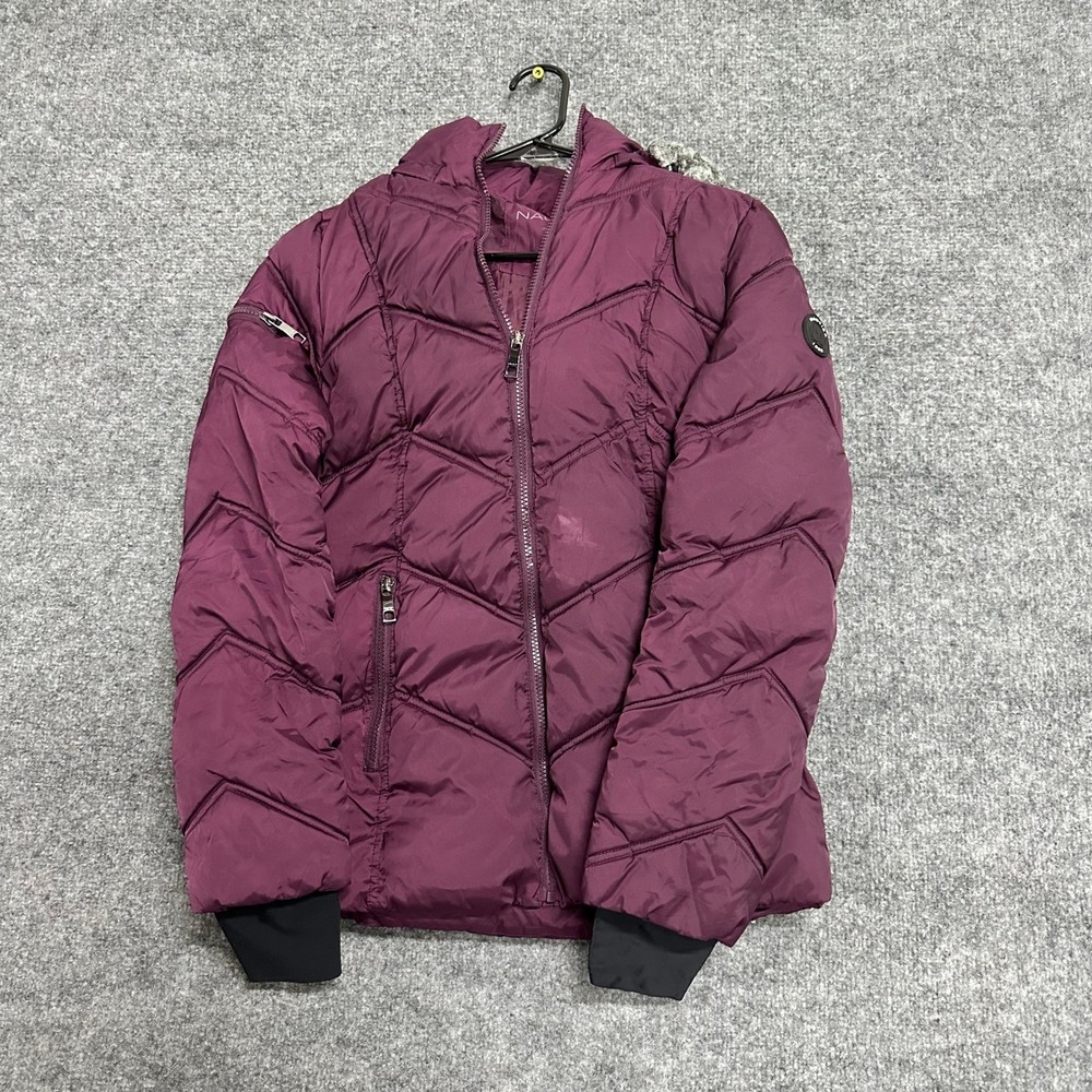 Nautica Puffer Jacket Womens Size S Purple Chevron Quilted Faux Fur Hood Coat
